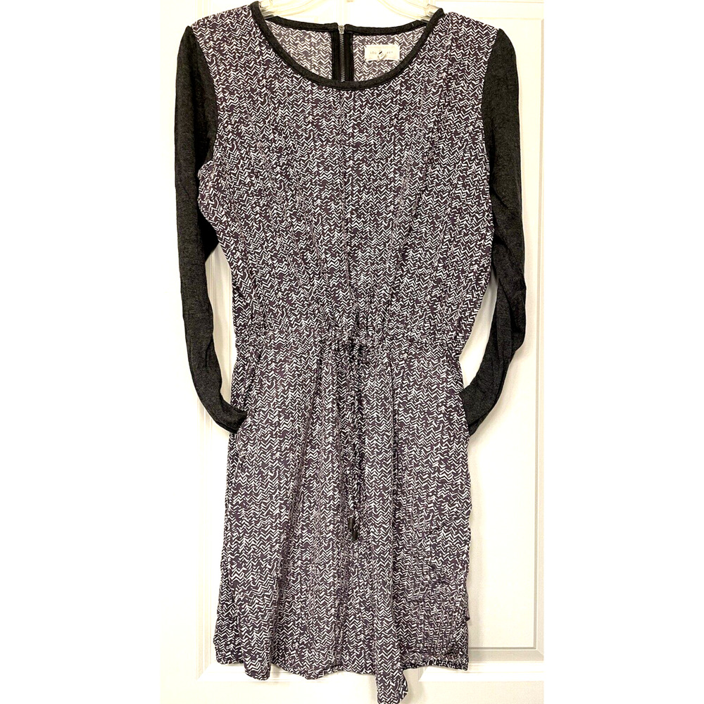 Lou & Gray Abstract Gray Print Drawstring Contrast Dress Size M Pockets Casual